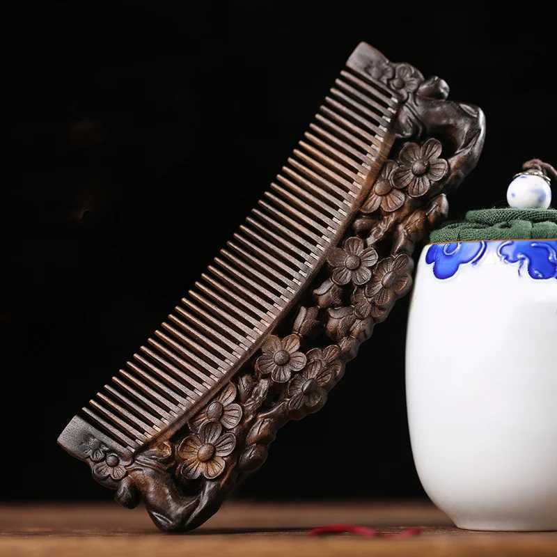 Natural ebony comb handmade wooden anti-static deodorizer fine tooth comb used for long thick curly wet and dry hair W241112