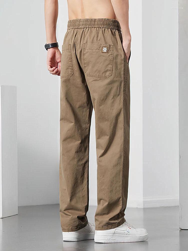 Mens Pants Cotton Straight Casual Men Work Wide Leg Brown Long Cargo Trousers Loose Drawstring Sweatpants Male