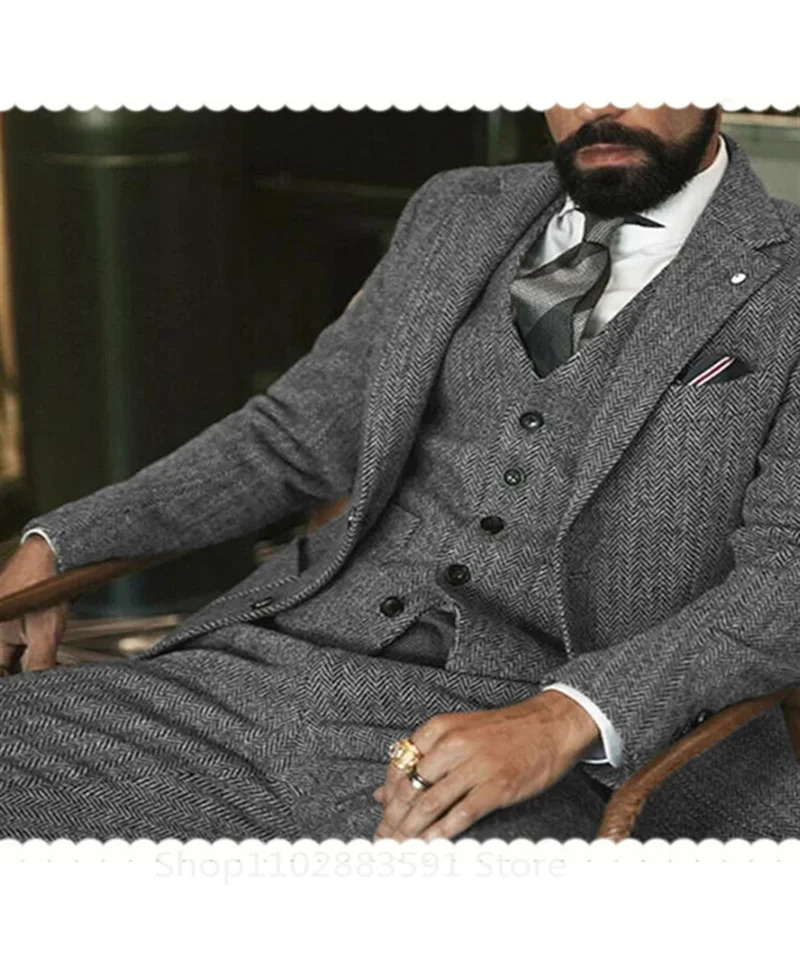 3 Piece Jacket Vest Pants Gray Wool Tweed Winter Men Suits For Wedding Herringbone Male Formal Groom Tuxedo Fashion 241111