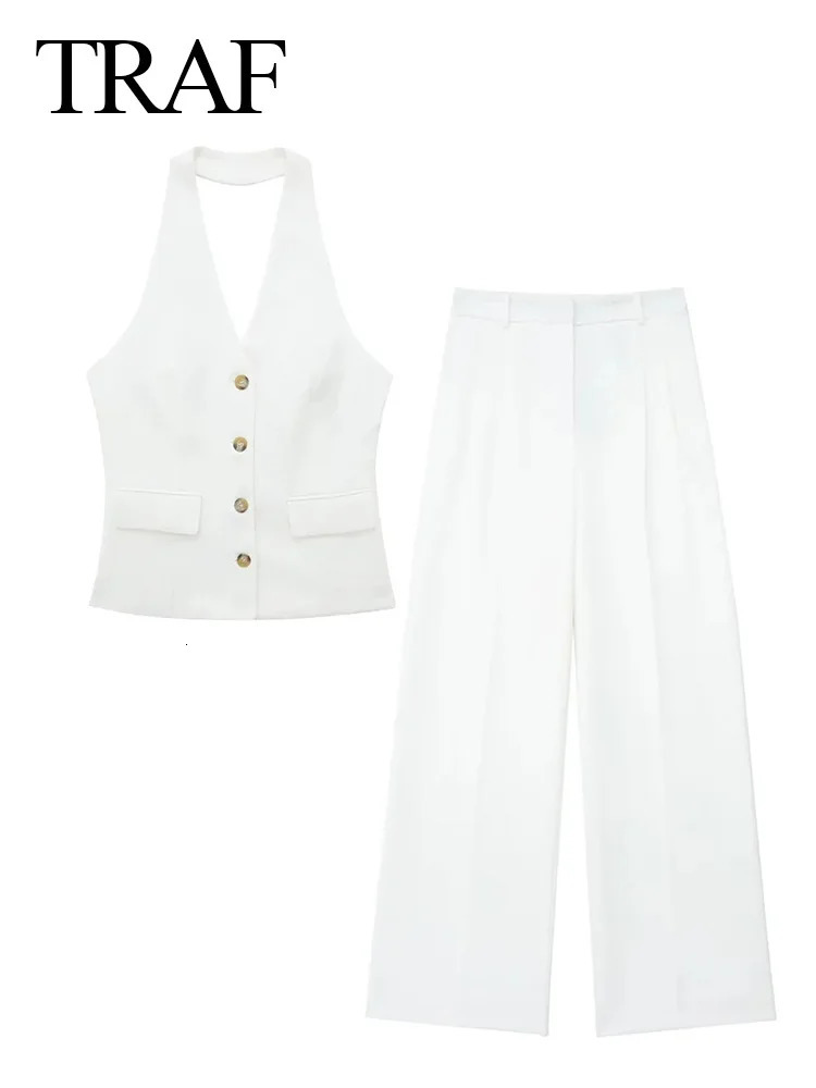 TRAF Women 2 Piece Set Halter Neck SingleBreasted Pocket Sleeveless Vest TopsHigh Waist Zipper Pockets Wide Leg Pant 241111