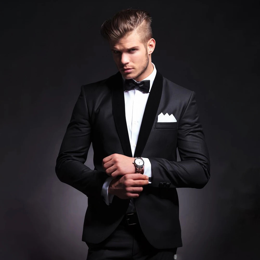 Black Men Suits Slim 2 Piece Fashion Shawl Lapel Single Button Smart Casual Wedding Groom Tuxedo Male Suit Blazer with Pants 241111