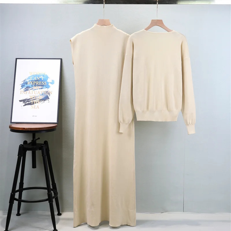 Knitted Womens Sweater Set Autumn Winter Fashion Sleeveless Long Sleeve Sweater Top Two Piece Se 241112