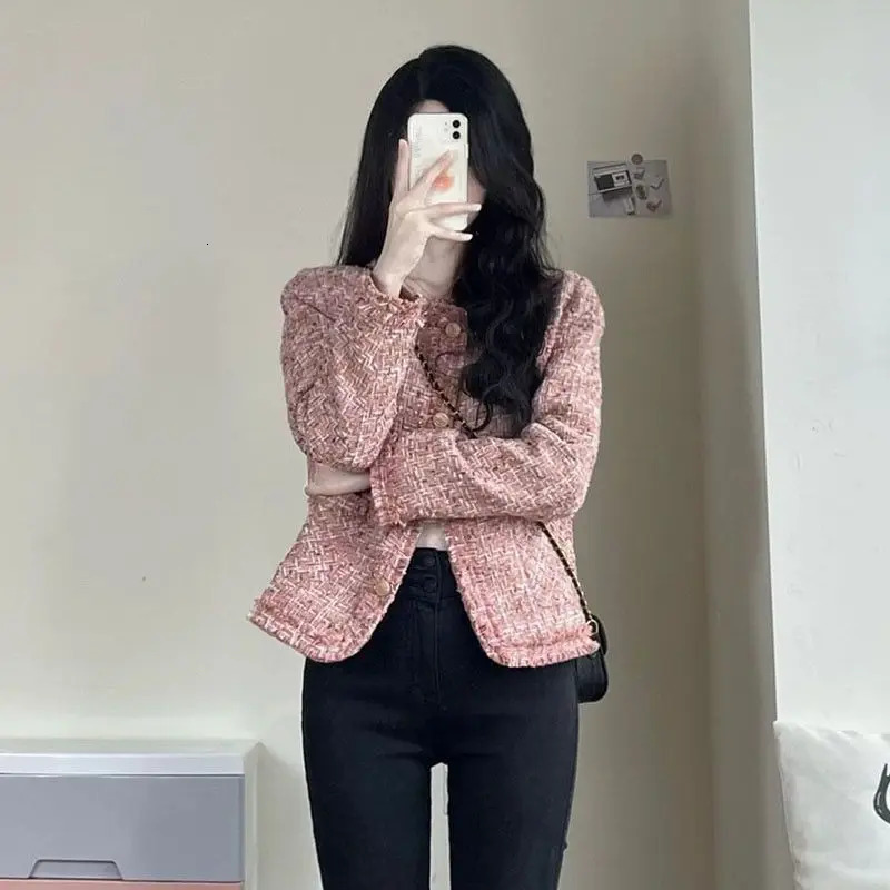 Pink Tweed Large Size Jacket Autumn /winter Small Fragrance Womens Coat Classic Tweed Large Size Cardigan Thick Jacket C33 241112