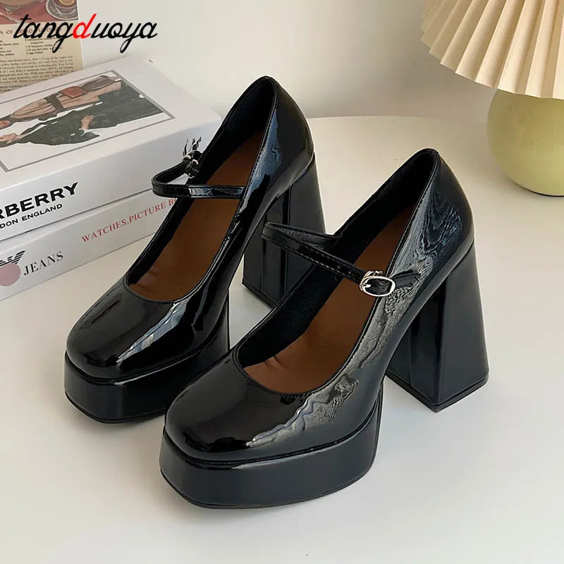 Retro High Heels Mary Jane Shoes Womens Patent Leather Platform Pump Womens Elegant Solid Office Boots Thick High Heels 241111 - view 7
