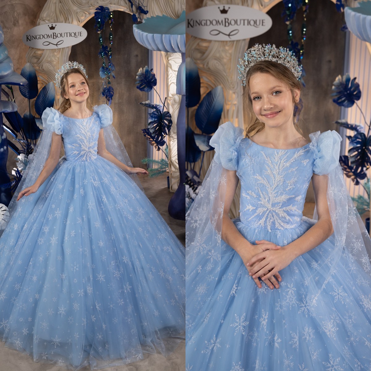 Baby Blue Princess Flower Girls Dresses With Cape Cap Sleeve Girl Pageant Gowns Kids First Communion Dress Glitter Snowflake A Line Birthday Dress 061
