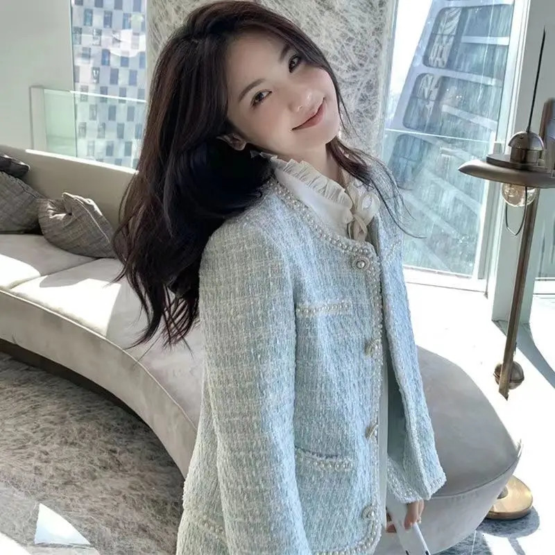 Korean perfume Blue Tufted Coat Bowknot Chiffon Shirt Lace Top Short Flat Shoes Faldas Elegant Office Womens Set 241112