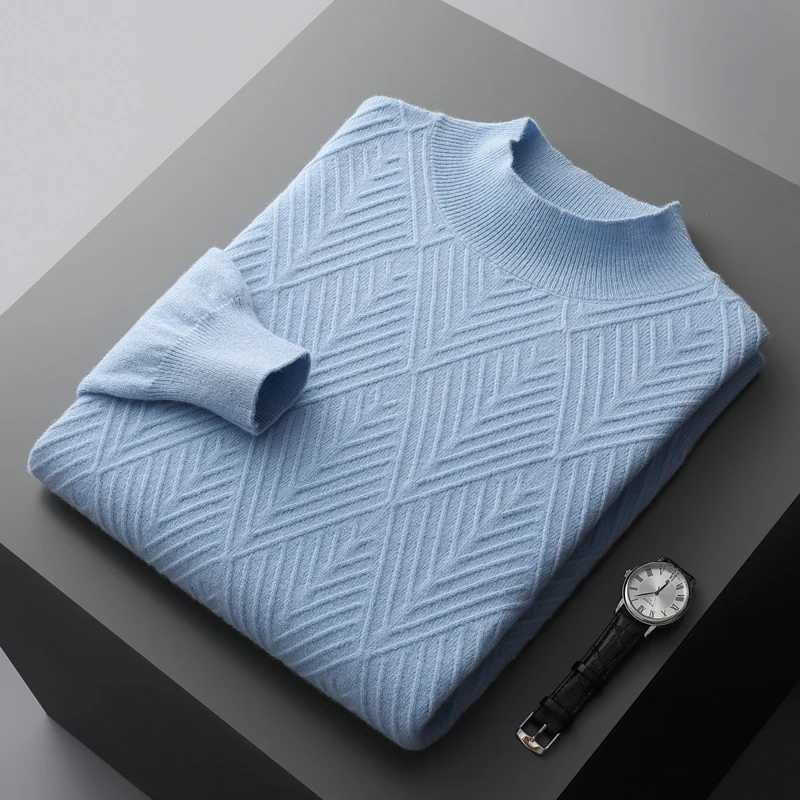 100% pure wool cashmere sweater mens loose half turtle collar jacquard zipper autumn and winter young top W2411111