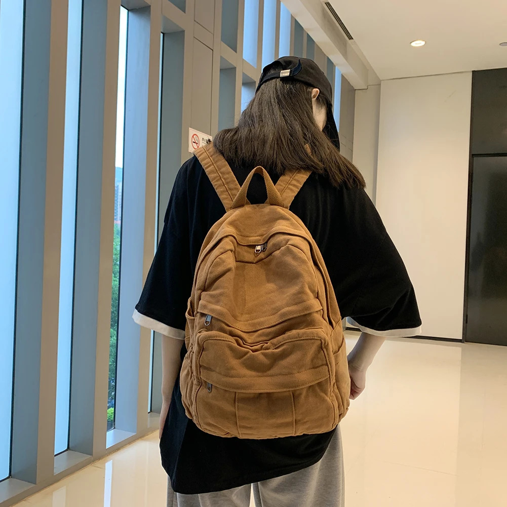 Simple Student Backpack Harajuku Womens College Student Bag Solid Color Retro Large Capacity Leisure Fashion School Bag 241111