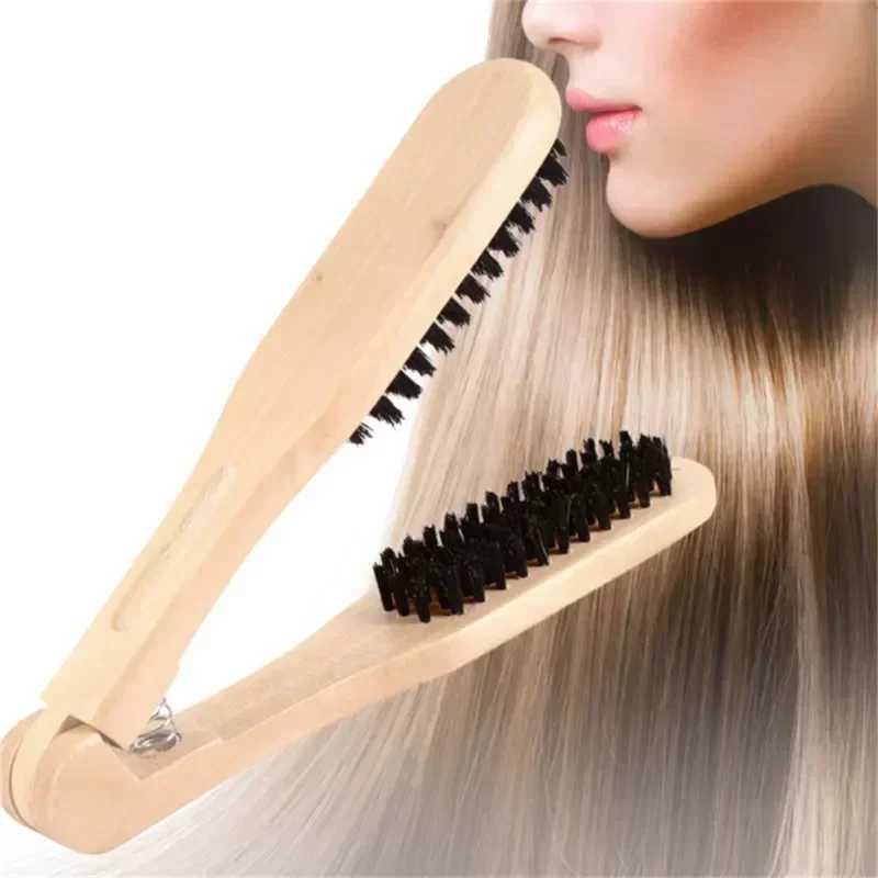 Professional straight hair comb double brush straight hair comb V-shaped hair brush wooden handle anti-static styling tool W241112