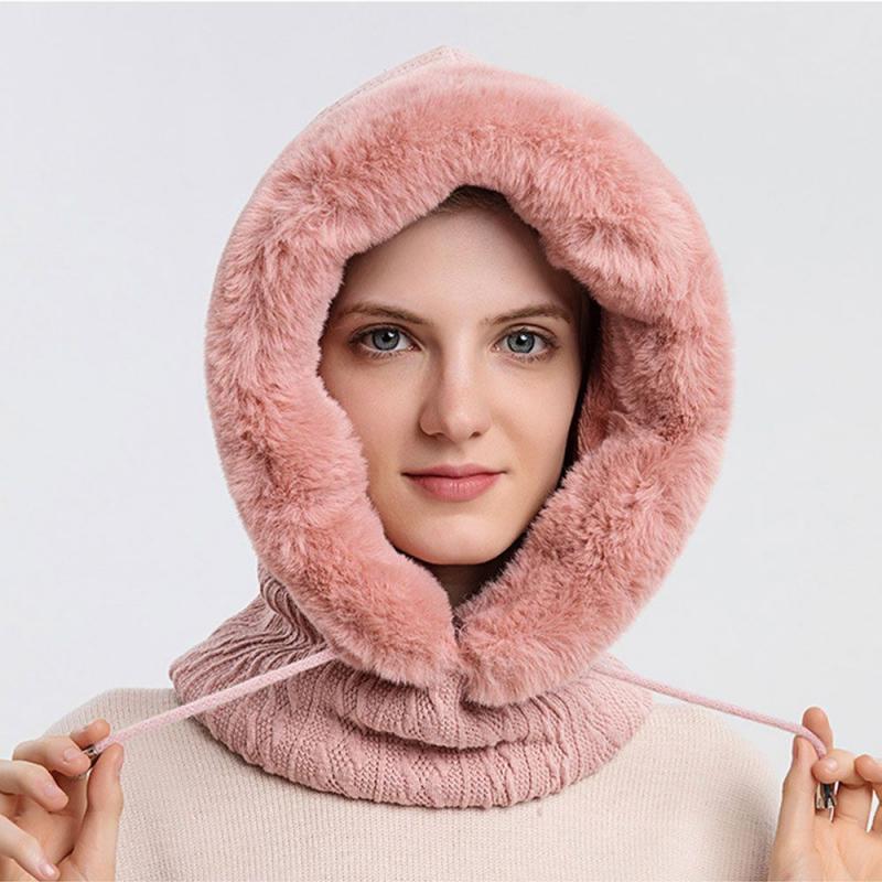 8 Colors Winter Fur Cap Mask Set Hooded for Women Knitted Cashmere Neck Warm Ski Windproof Hat Thick Plush Fluffy Beanies Hood