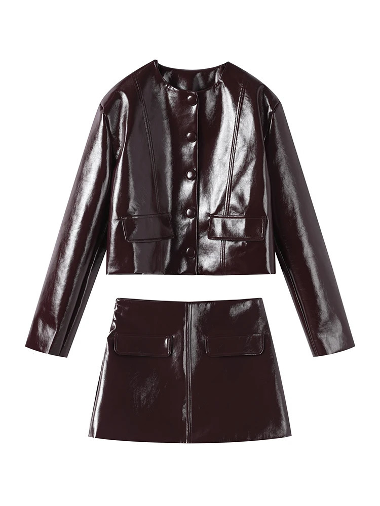 Retro Brown Jacket Womens Set Long Sleeve O-Collar Button Coat Sexy Zipper Dress Autumn City Womens Street Set 241112