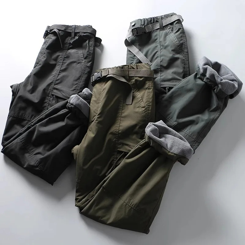 Mens Autumn Winter Fleece Work Cargo Pants Outdoor Hiking Sports Waterproof Warm Soft Shell Pockets Straight Cotton Trousers 241112