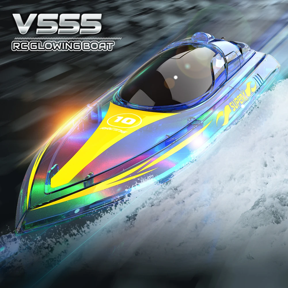 V555 Mini RC Boat with Cool LED Light Waterproof Model Electric Racing Speedboat 15km/h 2025 Toys new for Children Boys Use Time 60mins