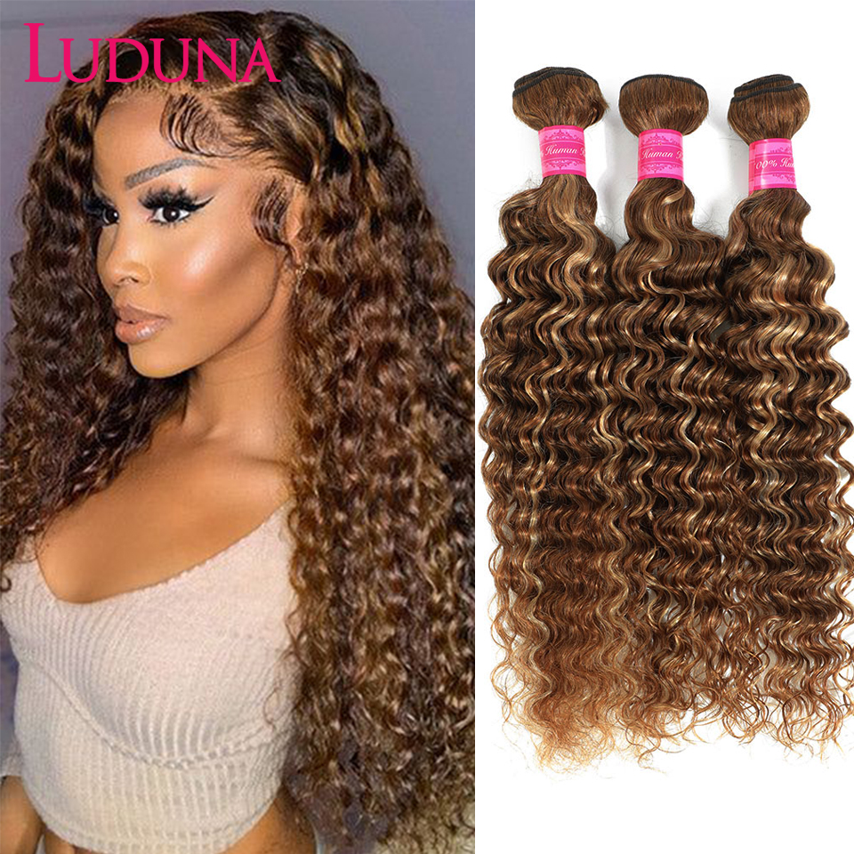 Luduna Bundles Human Hair Highlight Deep Wave Bundles Peruvian Human Hair Ombre Blonde Curly Bundles Hair Weave Extensions 30In 5cb7f