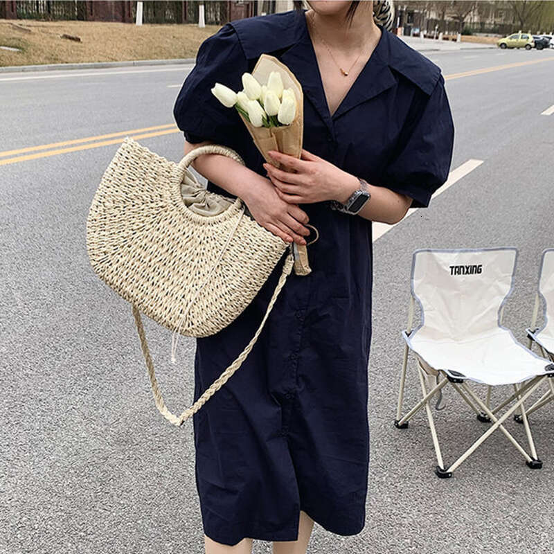 Straw Woven Handbags For Women Handmade Travel Seaside Beach Summer New Handle Bucket Shopping Tote Bag Basket Bolsa