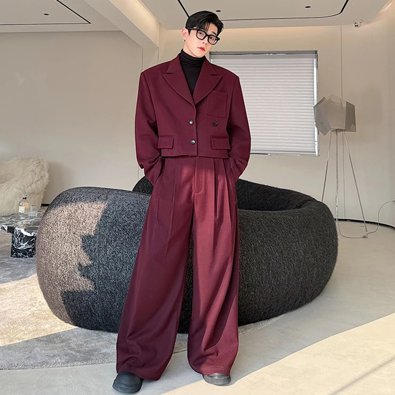 FEWQ Mens Two-piece Lapel Niche Solid Color Single Breasted Blazer Pleated Straight Wide Leg Male Suit Pants 9C8389 241111