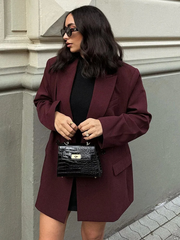 Vintage Womens Burgundy Jacket Autumn Elegant Long Sleeve Double Chest Exterior Office Jacket Womens Fashion Jacket 241111