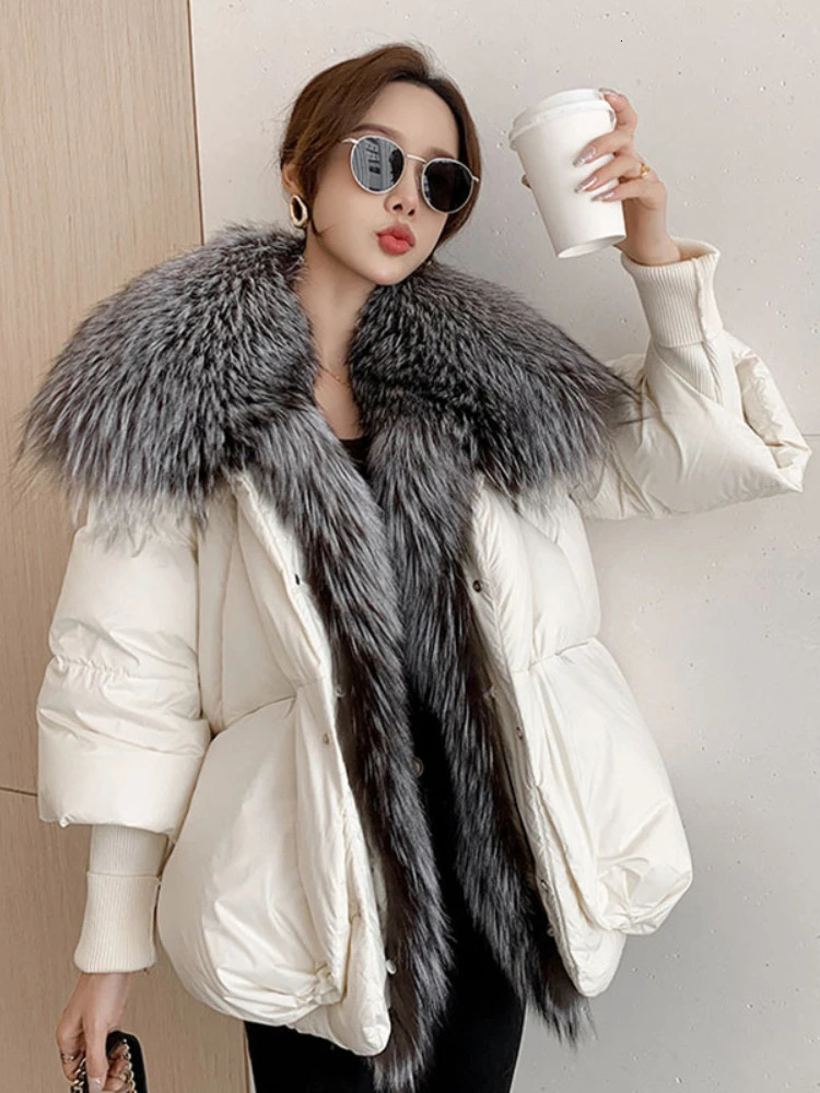Oversized Winter Warm Real Fox Fur Collar Black Down Coat Women Puffer Outerwear Jackets 2024 Autumn Winter 241112