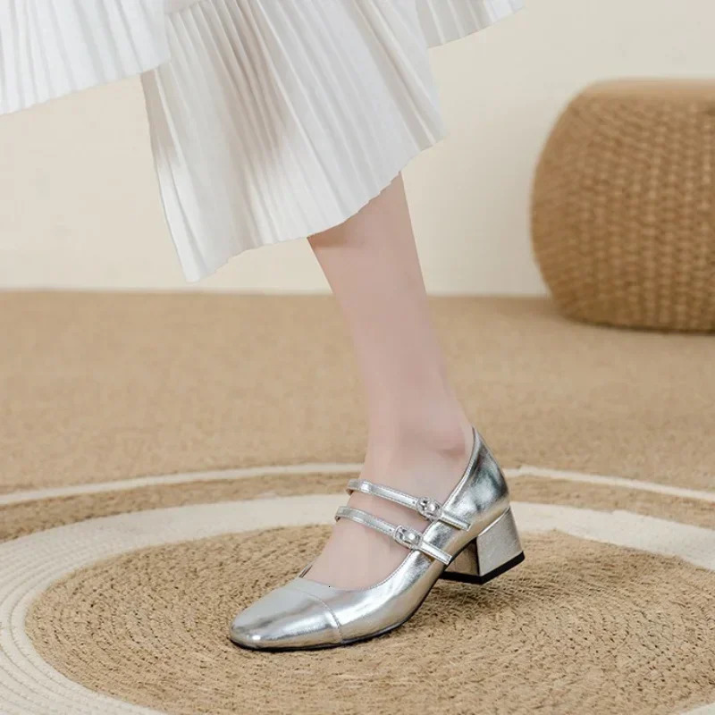 Womens Fashion Mary Janes Shoes Autumn Sliver Leather Buckle Mid-heels Dress Shoes Women Square Toe Shallow Chunky Heels Shoes 241112