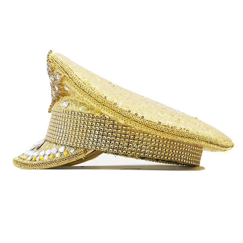 Hot Women Sequin Burning gold Bride Military Hat Handmade Sailor Captain Sergeant Hat Birthday Festival Part Hat 25dff