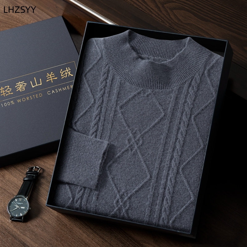 LHZSYY New Men's 100% Pure Cashmere Sweater Fall/Winter Half-high Neck Jacquard Pullovers Youth Plus Size Knit Base Shirt Tide c651d
