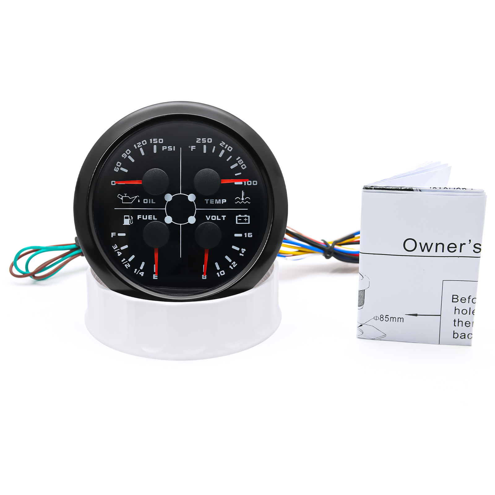 85mm Oil Pressure Water Temperature VOLT Fuel Gauge With Flashing Alarm Light 0-190/240-33ohm 4 In 1 Meter For Car Boat 12/24V