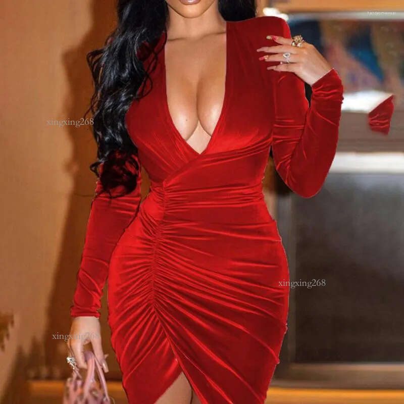 Casual Dresses Elegant V Neck Velvet Long Sleeve Split Asymmetric Ruched Mini Bodycon Dress Autumn Winter Women Sexy Party Ball Gown