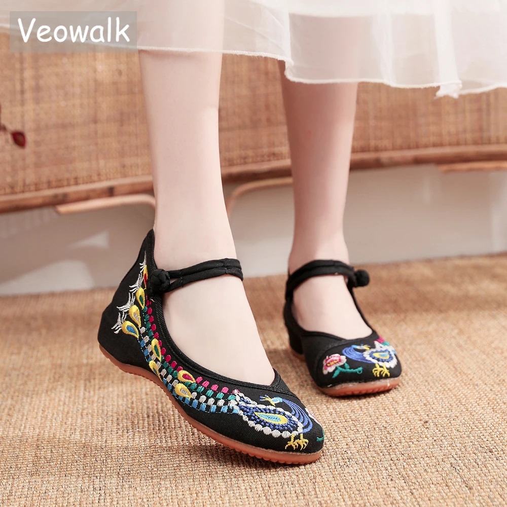 Veowalk Retro Womens Cotton Embroidered Comfortable Ballet Apartment Womens Casual Ballet Shoes Black Red Size 40 41 42 241111