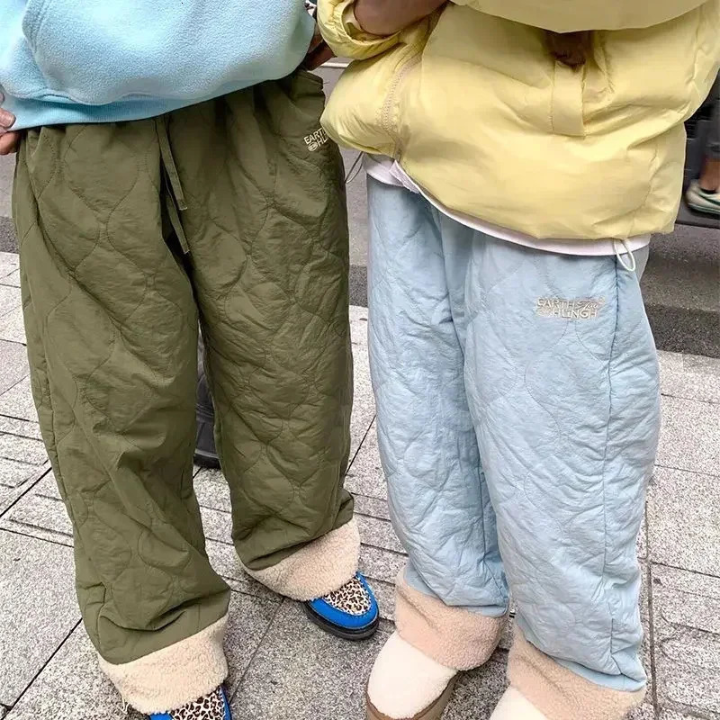 Korean Casual Cotton Down Pant Solid Color Quilted Wide Leg Letter Embroidery Baggy Trousers Y2k Loose Pants For Women 241112