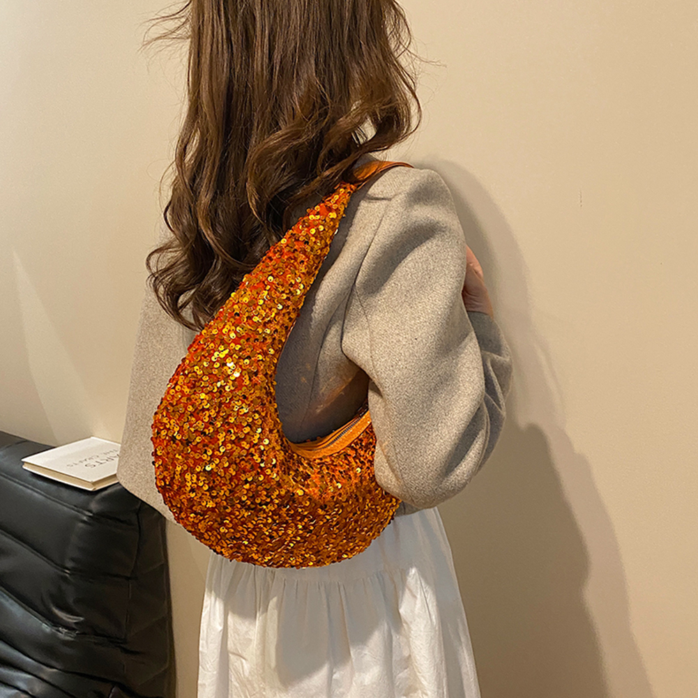 Women Vintage Shoulder Bag 2023 Sparkly Sequin Dinner Bag Ladies Lightweight Party Evening Bag Zipper Closure Solid Underarm Bag