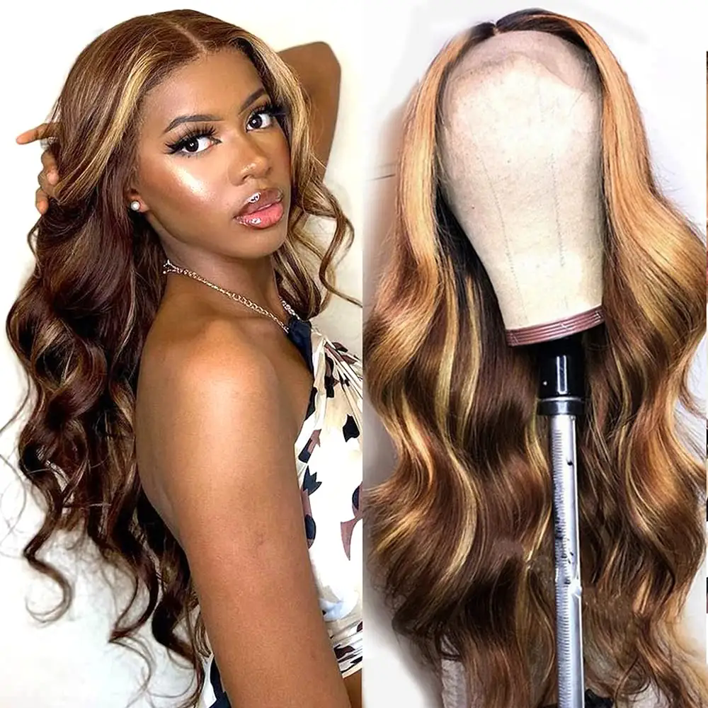 30 32 Inch P4/27 Highlight Body Wave Lace Frontal Wigs Colored Ombre Wigs Human Hair 13X4 Lace Front Human Hair Wigs For Women 250density