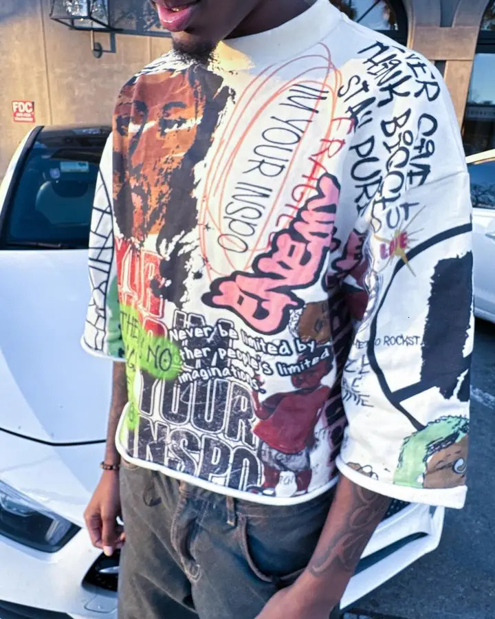 Street clothing T-shirt Y2K half sleeved top Harajuku hip-hop graffiti pattern oversized mens T-shirt round neck cotton clothing 241112