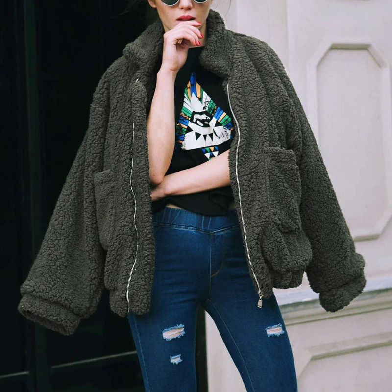 Autumn and Winter Artificial Fur Coat Womens Khaki Casual Warm Soft Zipper Leather Jacket Plush Coat Pocket Teddy Coat Womens Jacket 241112