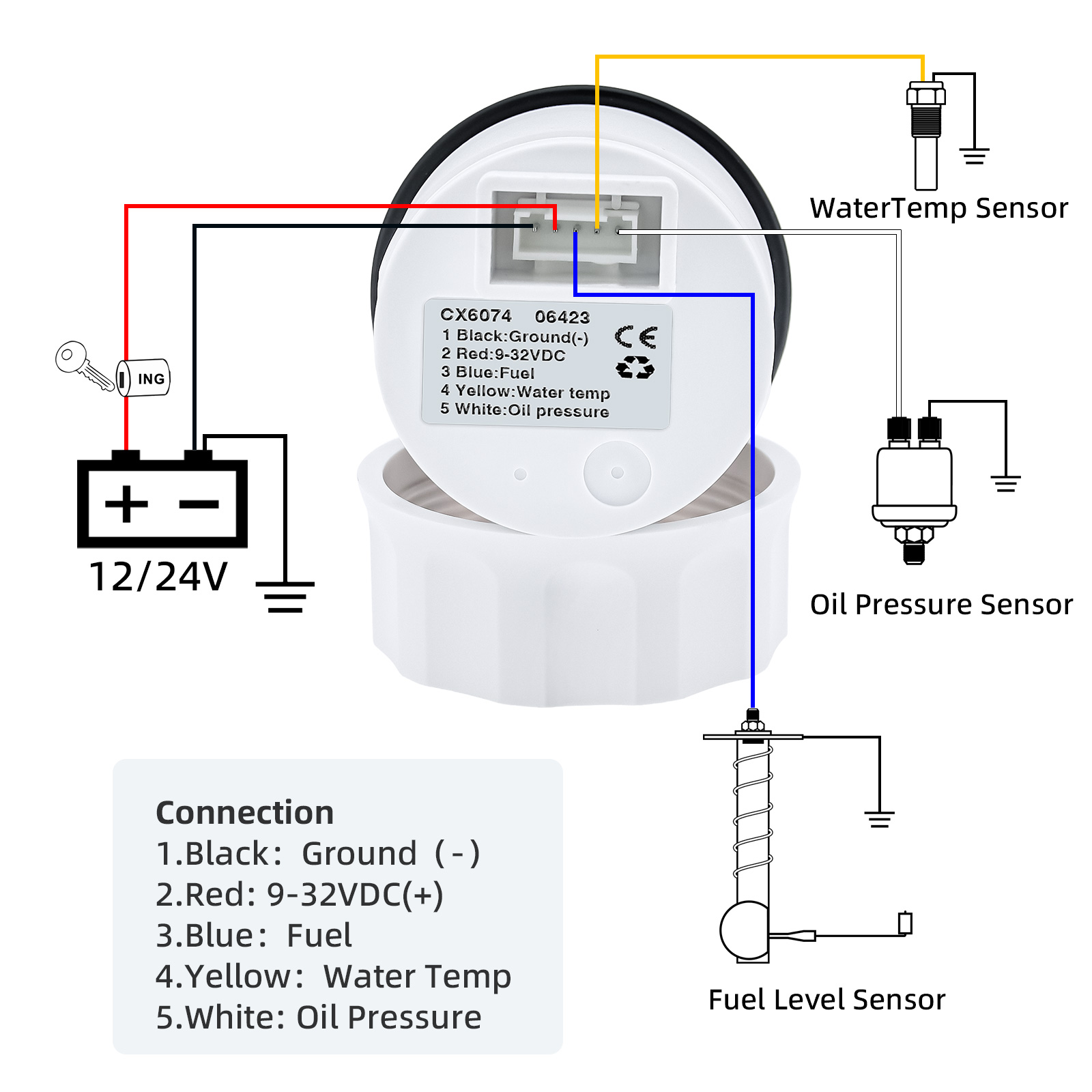 In Digital 1 3 Water Temp Meter+Oil Pressure Meter+Fuel Gauge Red Light 0-190 Ohm ddmysmile 52Mm Gauge With Alarm For Auto Boat 12V 24V Smile Meter+Oi