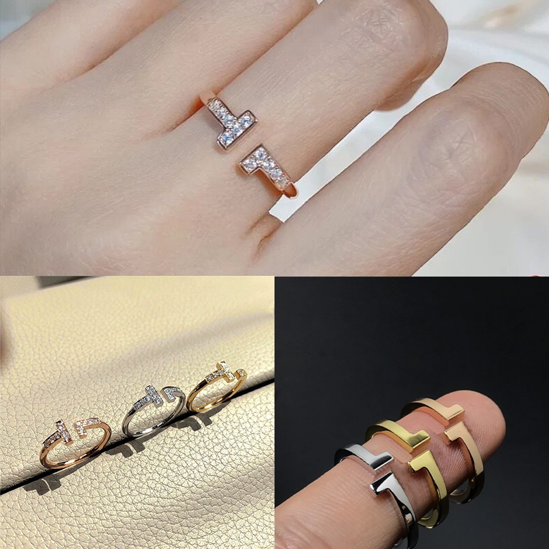 Band Rings Women Luxury Diamond Ring Designer Ring Mens Double T Open Love Ring Wedding Gold Ring Popular Fashion Classic High Quality Jewelry Blue Box
