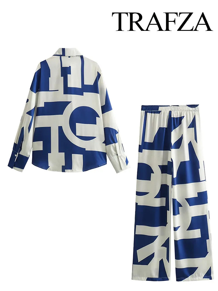 TRAFZA Spring Women Suits Geometric TurnDown Collar Long Sleeves Single Breasted ShirtsElastic Waist LaceUp Wide Leg Pants 240412