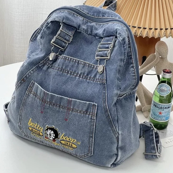 Fashionable Harajuku style denim clothing cool cartoon cute large backpack capacity student backpack for school 241111
