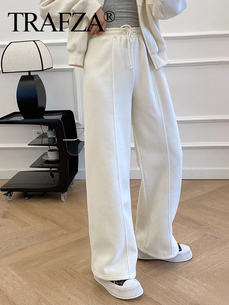 TRAFZA Women Solid Sweatsuit 2 Piece Set Oversized Long Sleeve Bomber Jacket Sweatshirt Fashion Drawstring High Waist Sweatpants