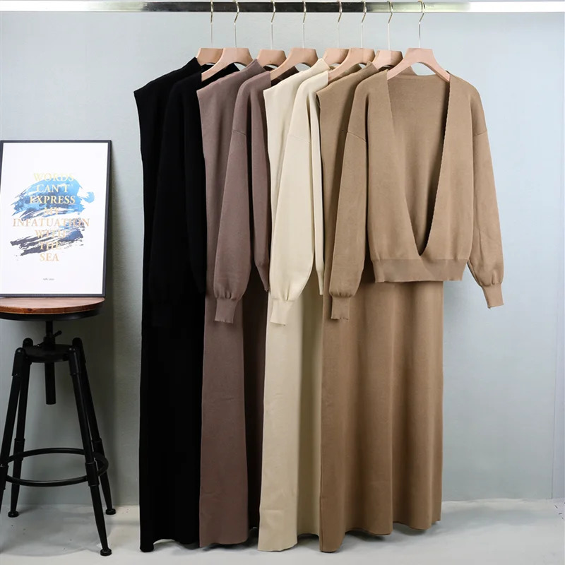 Knitted Womens Sweater Set Autumn Winter Fashion Sleeveless Long Sleeve Sweater Top Two Piece Se 241112