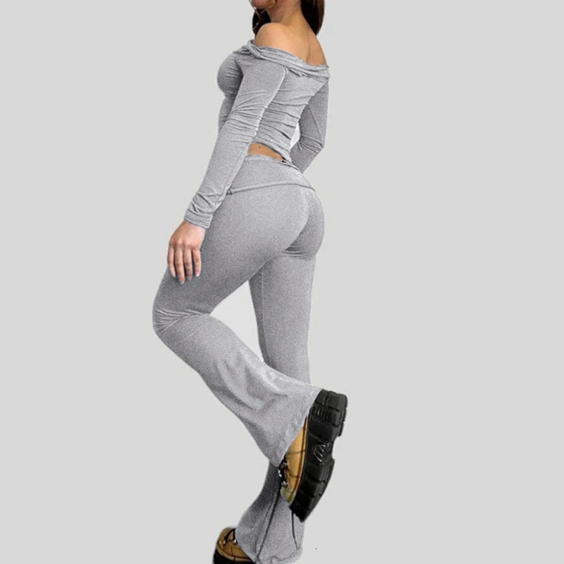 Cuteandpsycho Slash Neck Top and Casual Pants Sets Two Pieces Of Outfits Streetwear Solid Fashion Y2K Basic Slim Clothes 241108