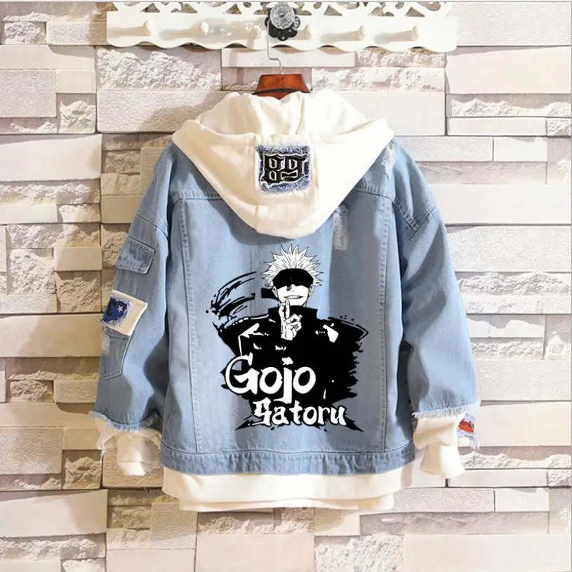 Anime Jujutsu Kaisen Men Jeans Jacket Gojo Satoru Print Casual Women Patchwork Denim Autumn Hooded Outwear Coat 241111