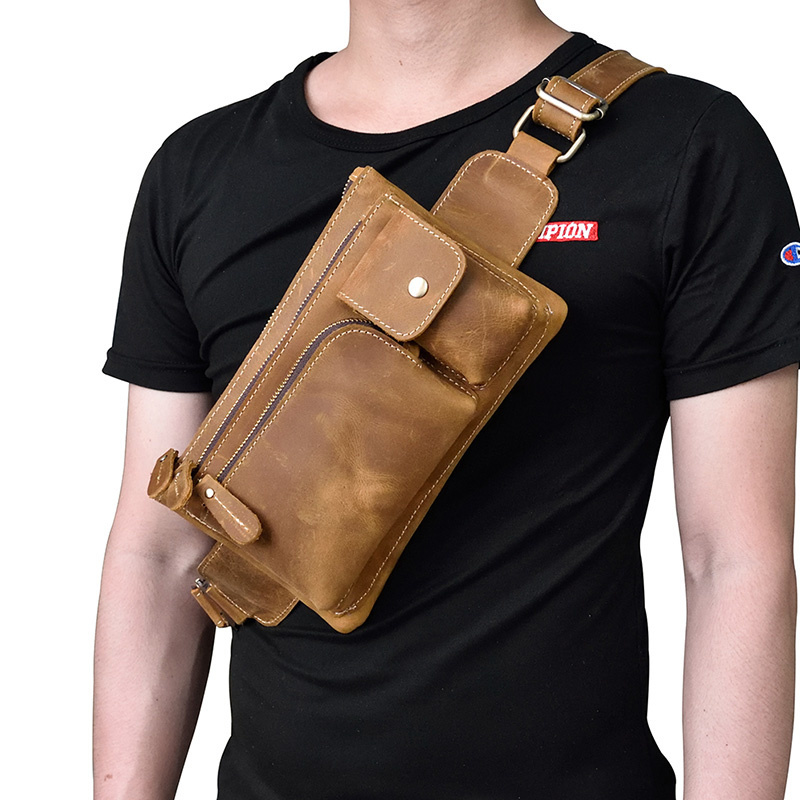 Crazy Horse Men Waist Bag Real Leather Chest Outdoor Casual Full Grain Porable Gym s Messenger Brown 2d8a2