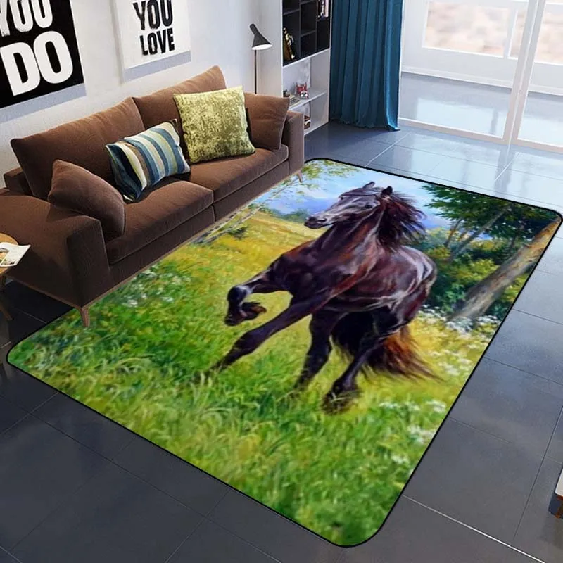 Cute horses strong black horse white horse pattern decorative carpet bedroom living study house pad rug