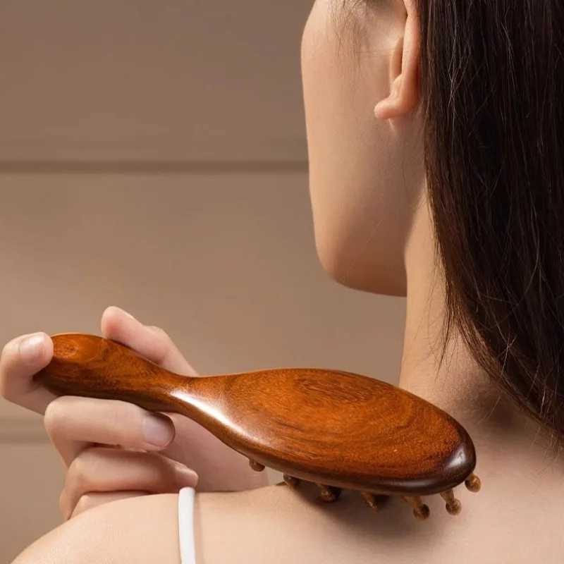 Multi functional wood therapy massage comb scalp head massager natural sandalwood round teeth guasha scraping body massager W241112