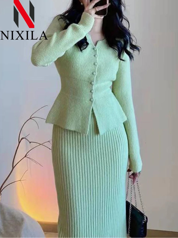 autumn and winter dress two-piece womens set Korean fashion elegant womens cardigan wool sweater long sleeved set womens clothing 241112