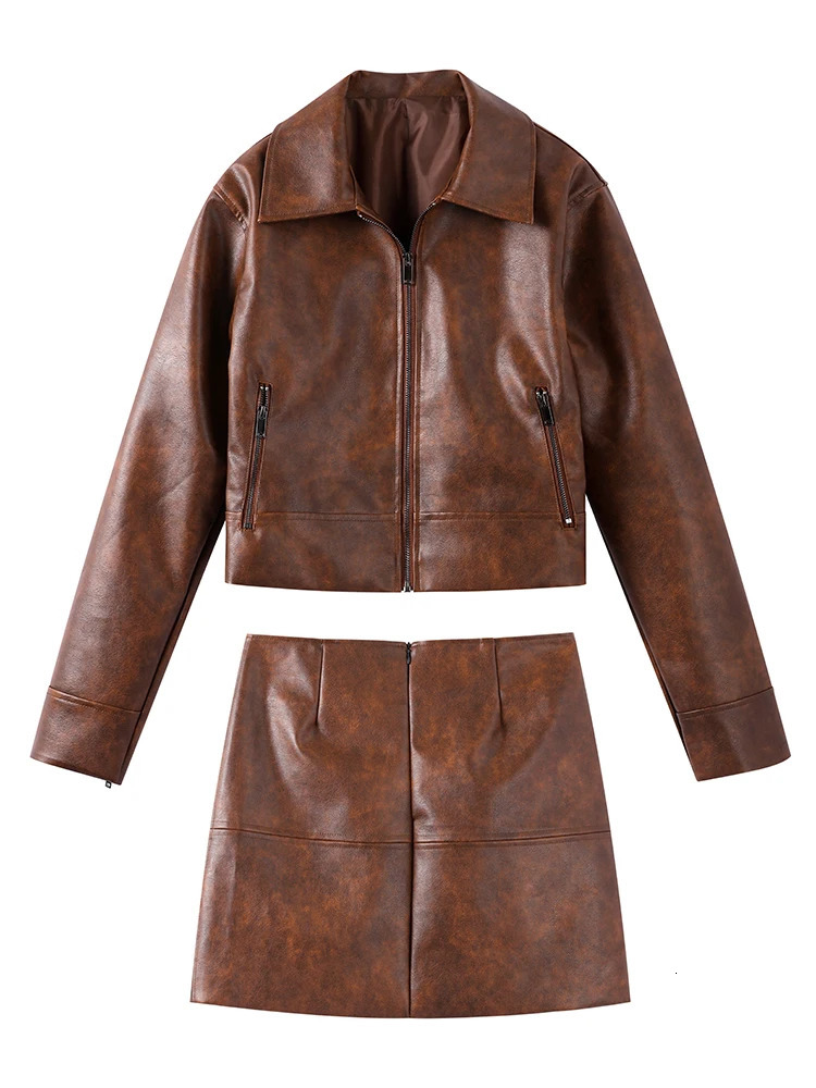 Retro Leather Mini Ski Set for Womens Casual Loose Collar Long Sleeve Zipper Jacket Set for Fashion 241112