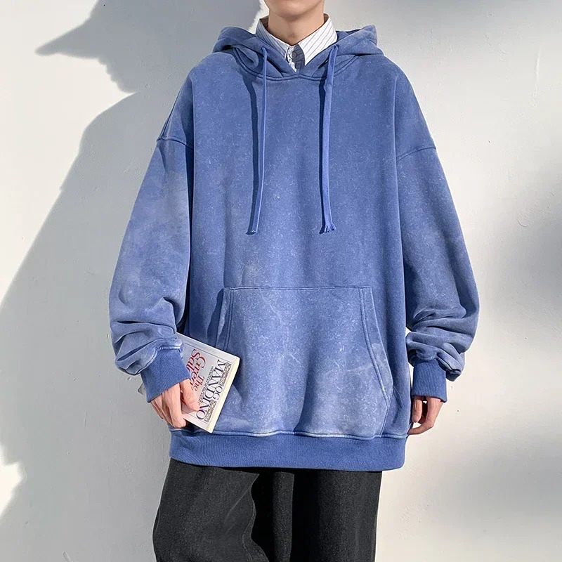 Mens Solid color washed hoodie Sweatshirt Couple Hoodie Long Sleeve Loose Japanese Harajuku Street Boy Pullover Sweater 241111