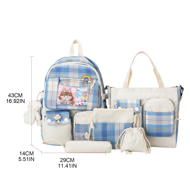 5pcs Plaid Backpack School Student Bookbags Casual Daypack Handbag Shoulder Drawstring Bag Pencil for Case Set for Girls Women e8dd8