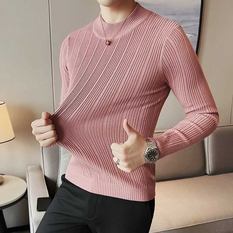 Fashionable ultra-thin slim fit turtle neck knitted sweater mens ultra-thin slim fit clothing autumn new casual striped pull-out fully matched warm to