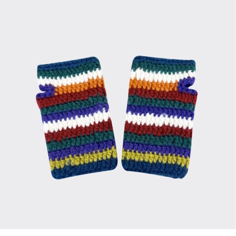 Japanese Retro Bag Gloves Knited Bucket Hat Women Autumn Winter Rainbow Striped Crochet Three-piece Set Designer Cute Funny Hat 57a2c
